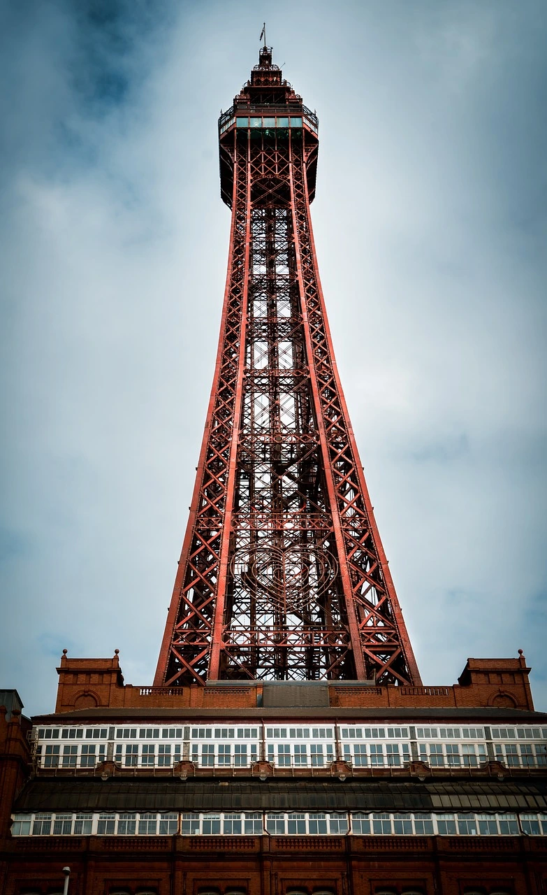 Looking up at the Blackpool Tower against a dynamic sky