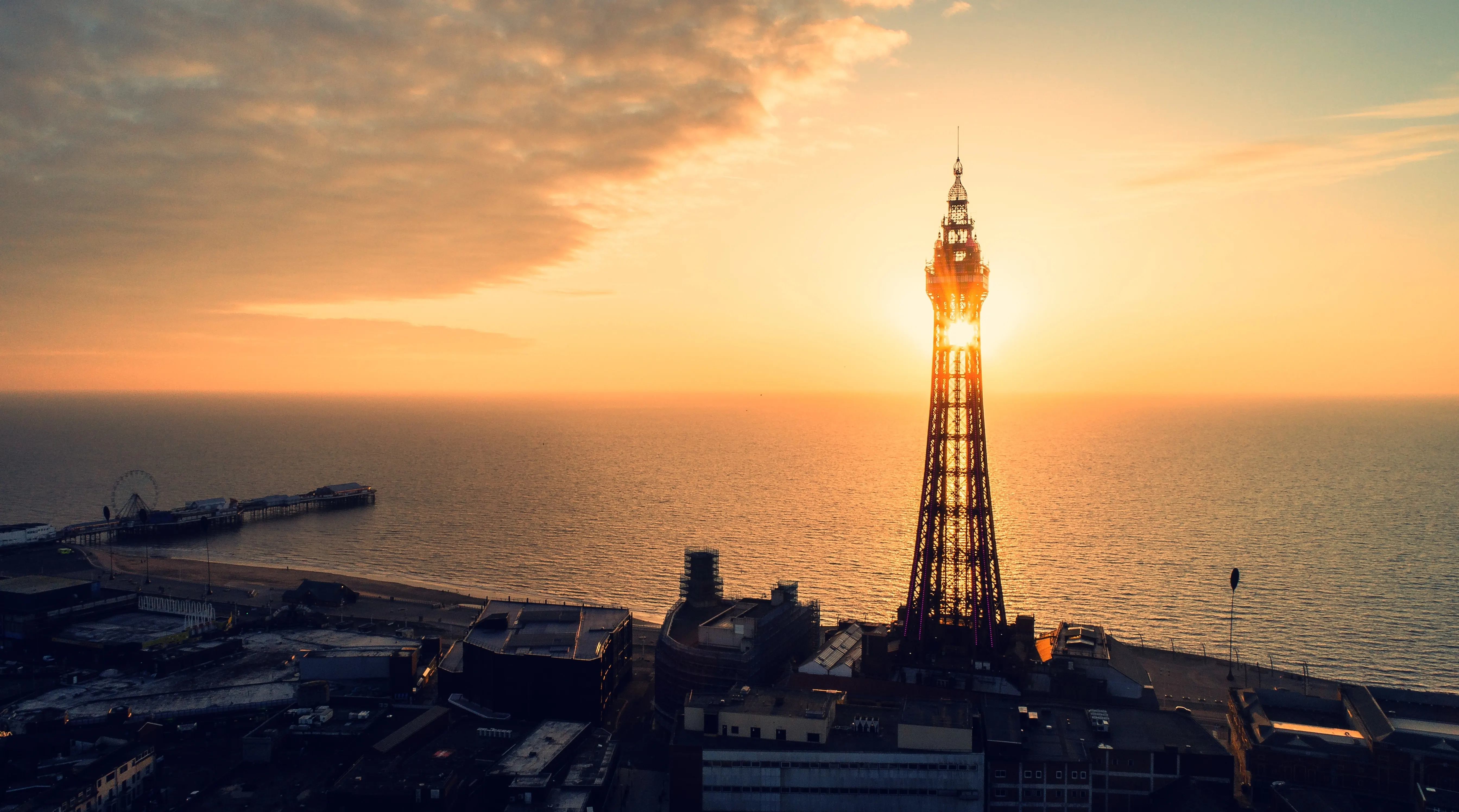 A shot of Blackpool Tower silhouetted against the setting sun